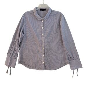 Sanctuary Top Striped Button Down Shirt XL Lace Up Back Blue White Cotton Nautic